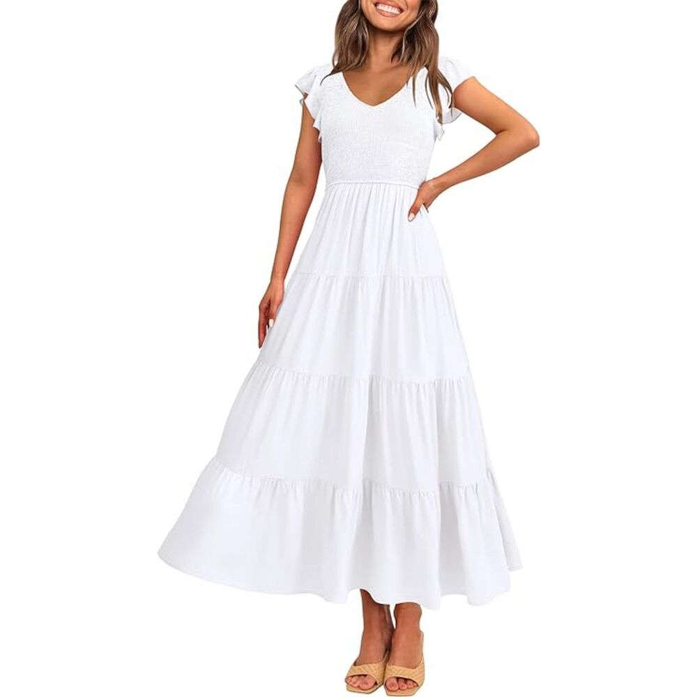 Women's White Summer Flowy Maxi Dress Casual Cap Sleeve V Neck - Large (12-14)